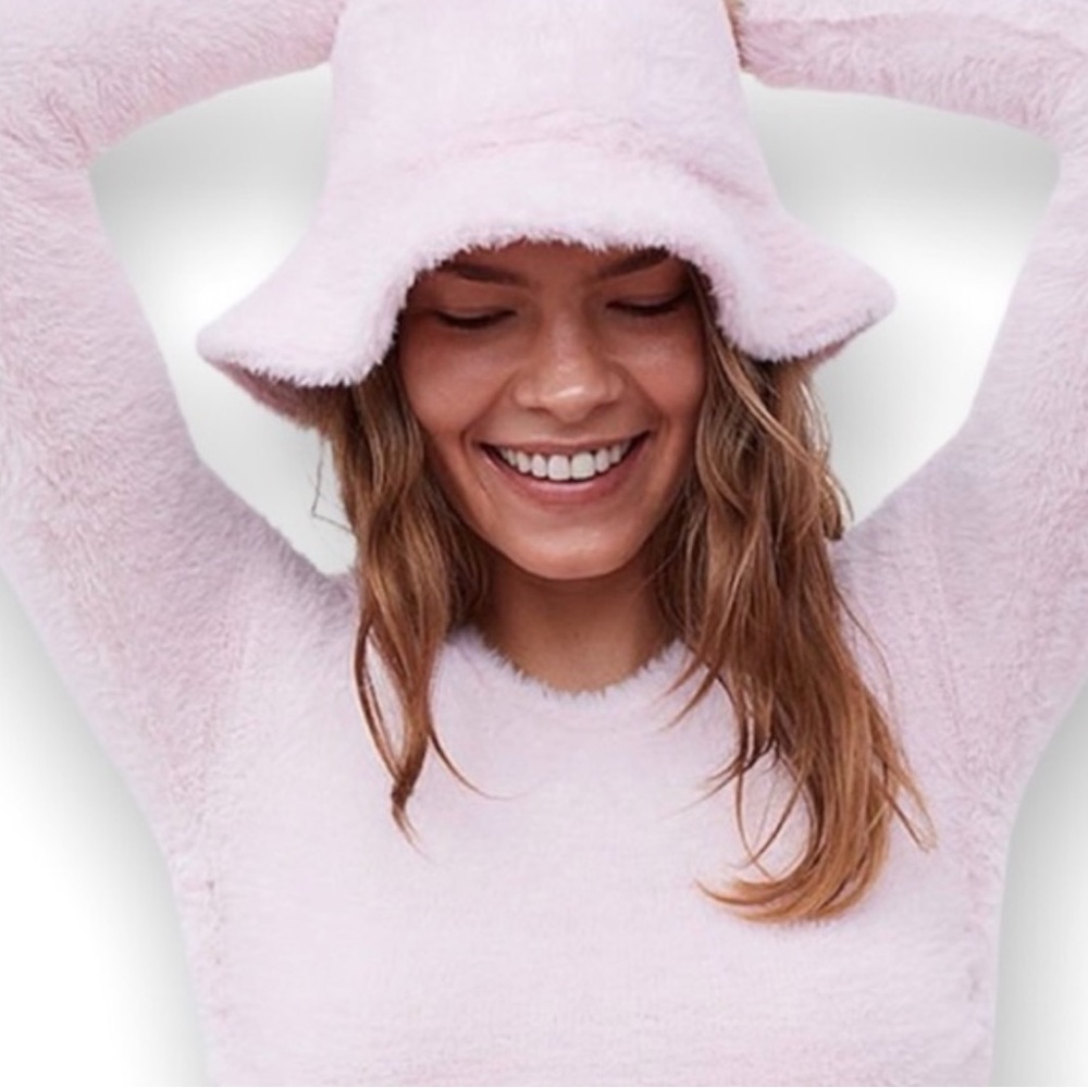 For Love & Lemons Faux Mohair Bucket Hat in Pastel Pink.